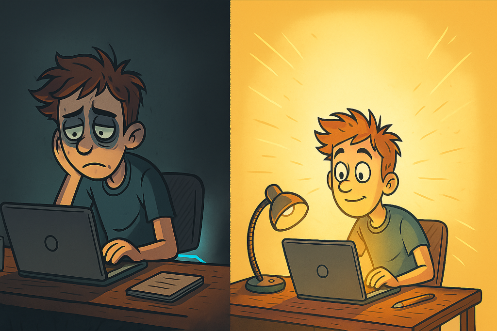 Comic strip showing a young man at his desk: first, working tired in the dark with only his laptop, then looking alert and happy after turning on a desk lamp, with LED bias lighting behind his monitor.