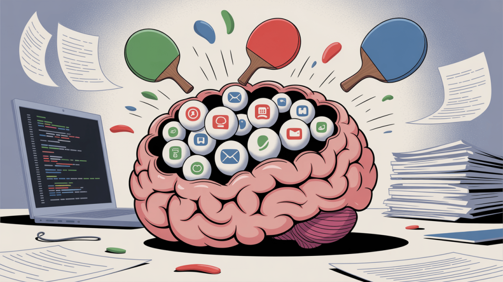 Illustration showing the brain overwhelmed by multitasking, representing attention residue and decreased productivity due to constant task-switching