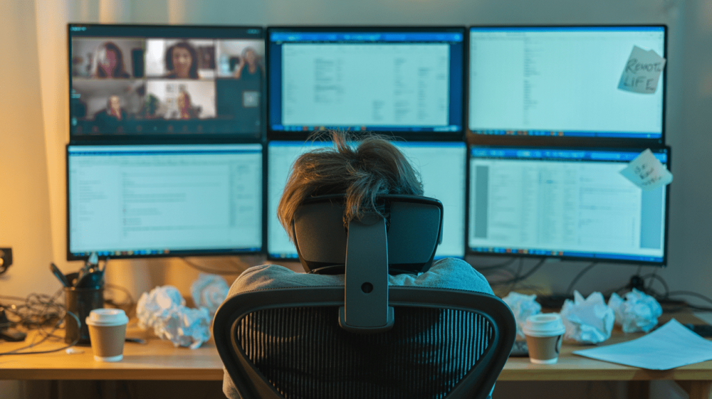 Chaotic home office scene depicting distractions during remote work, highlighting the challenge of maintaining focus and the impact of multitasking on productivity.