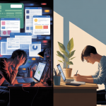 Split-screen illustration contrasting multitasking chaos on the left with a calm, focused single-tasking workspace on the right, highlighting strategies for productivity and boosting focus