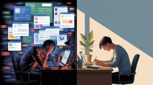 Split-screen illustration contrasting multitasking chaos on the left with a calm, focused single-tasking workspace on the right, highlighting strategies for productivity and boosting focus