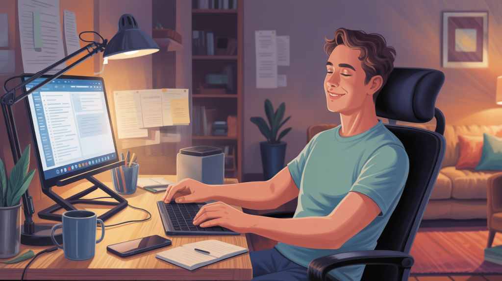 A smiling developer sits comfortably at a modern home desk with an ergonomic chair, laptop on a stand, and coffee mug, enjoying a well-organized and inviting workspace.