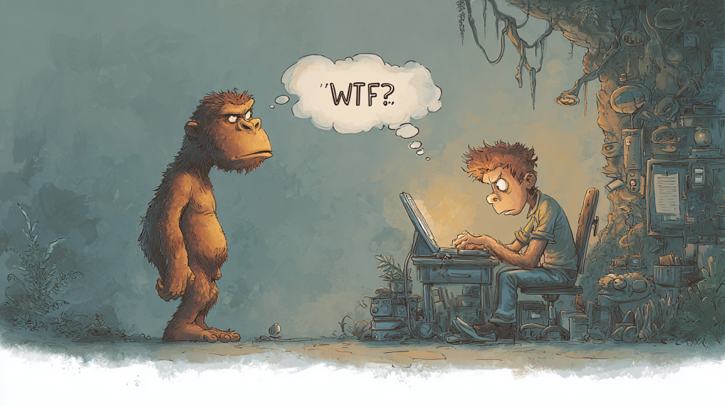 Cartoon caveman staring at a modern office worker slouched at a cluttered desk with a laptop, thought bubble saying “WTF?”, symbolizing how modern desk work clashes with human evolution.