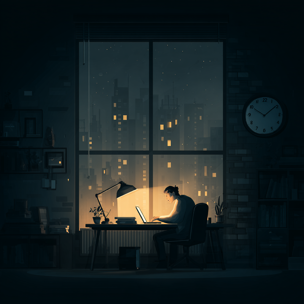 A person sits at a desk in a dimly lit room at night, working on a laptop under a desk lamp, with a large window showing a city skyline filled with glowing windows and a wall clock reading 3 AM.