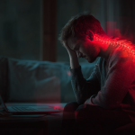 Man experiencing back pain while working on a laptop from his sofa, with his spine glowing red to illustrate the consequences of a non-ergonomic desk setup.