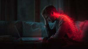 Man experiencing back pain while working on a laptop from his sofa, with his spine glowing red to illustrate the consequences of a non-ergonomic desk setup.