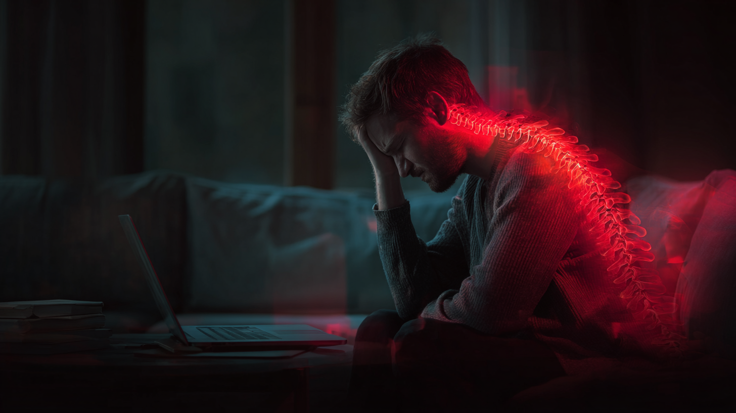 Man experiencing back pain while working on a laptop from his sofa, with his spine glowing red to illustrate the consequences of a non-ergonomic desk setup.