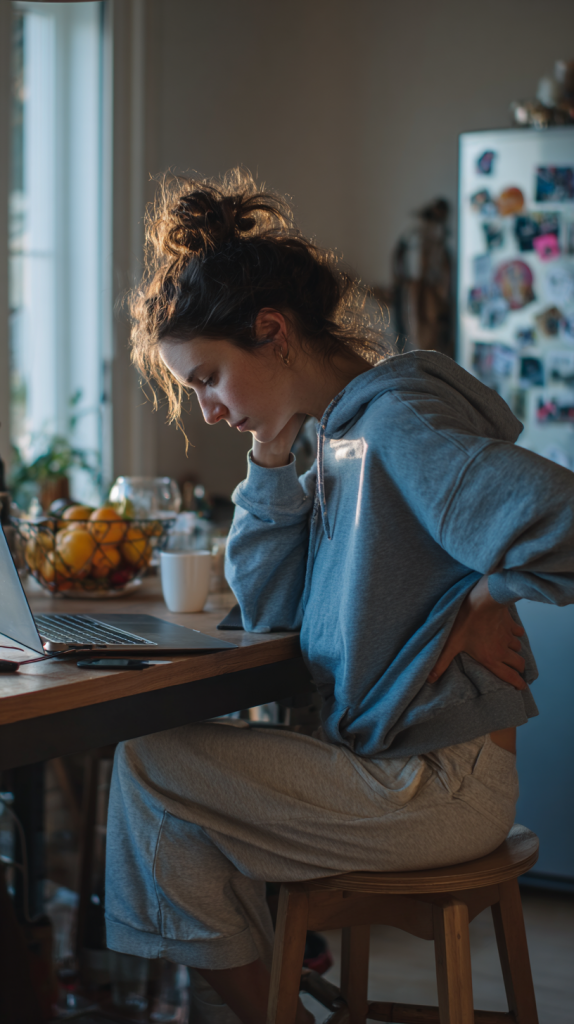 Woman slouching on a kitchen bar stool with her hand on her lower back, clearly regretting her choice of “home office” furniture.
