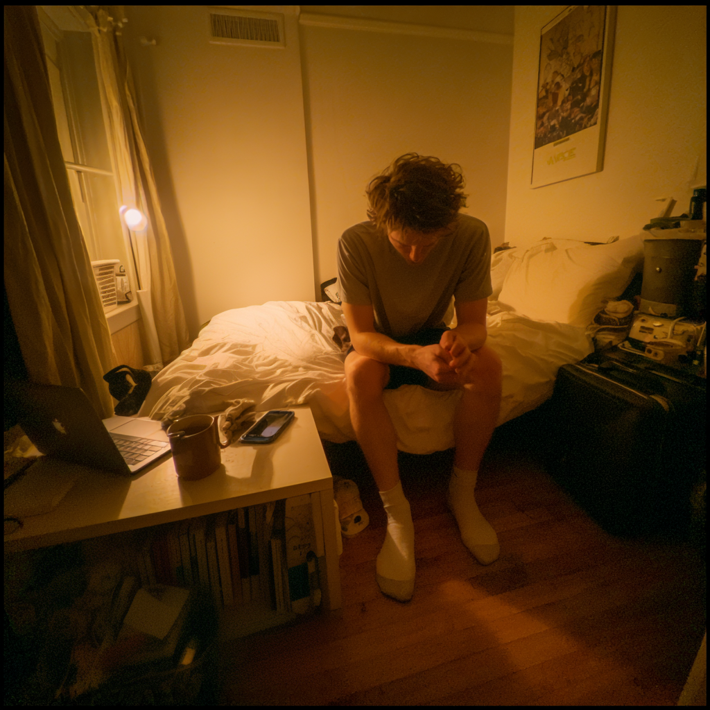 Man using the edge of his bed as a chair and a TV tray as a desk, working in a cramped room with bad posture.