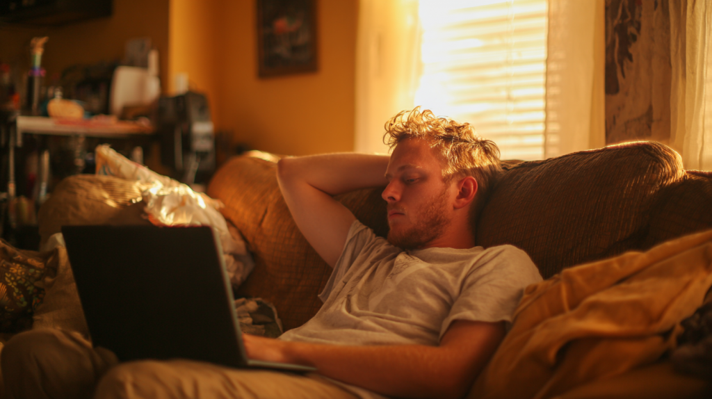 Tired man working remotely on a laptop, slouching on a couch in a cluttered living room, showing the downside of remote work without a proper setup.