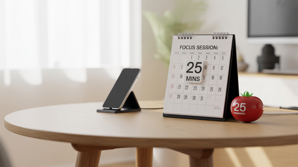 Minimalist distraction-free workspace with tools for single-tasking strategies, such as time blocking and the Pomodoro technique, to boost focus and enable deep work.