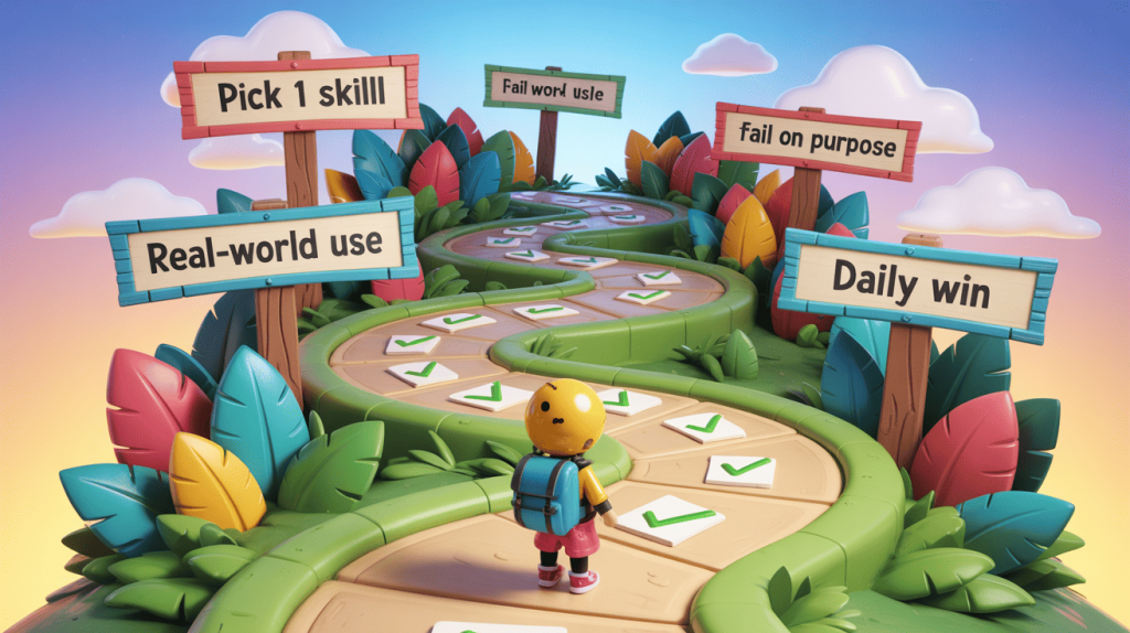Whimsical game-like path with signs saying “Pick 1 skill”, “Real-world use”, and “Daily win”, illustrating the 30-day challenge and the 80/20 rule for learning.