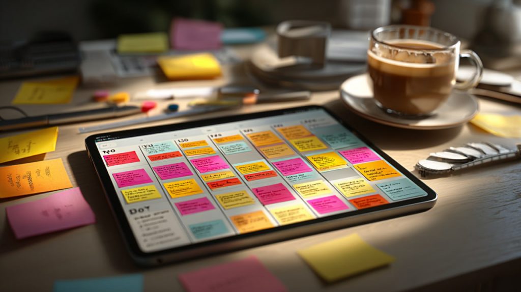 Overhead view of a tablet showing a dense grid of color-coded schedule sticky notes, surrounded by coffee and stationery, illustrating how productivity apps can turn time-blocking into clutter