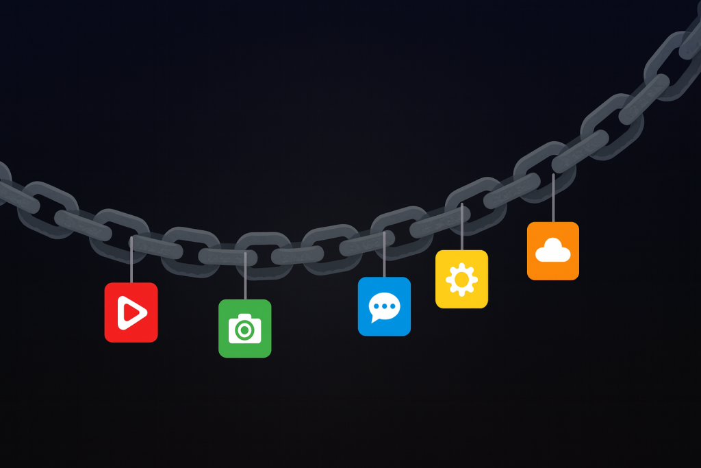 Vibrant app icons suspended from a metal chain, symbolizing the cost and burden of multiple productivity apps