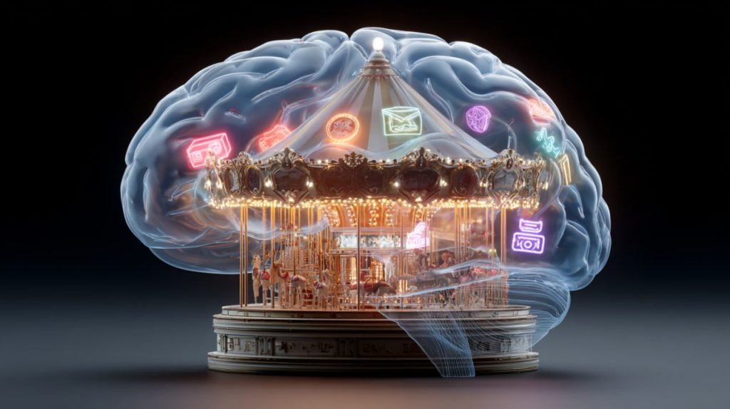 Translucent brain encasing a brightly lit carousel with neon app symbols, representing the dopamine-driven novelty effect of trying new productivity apps