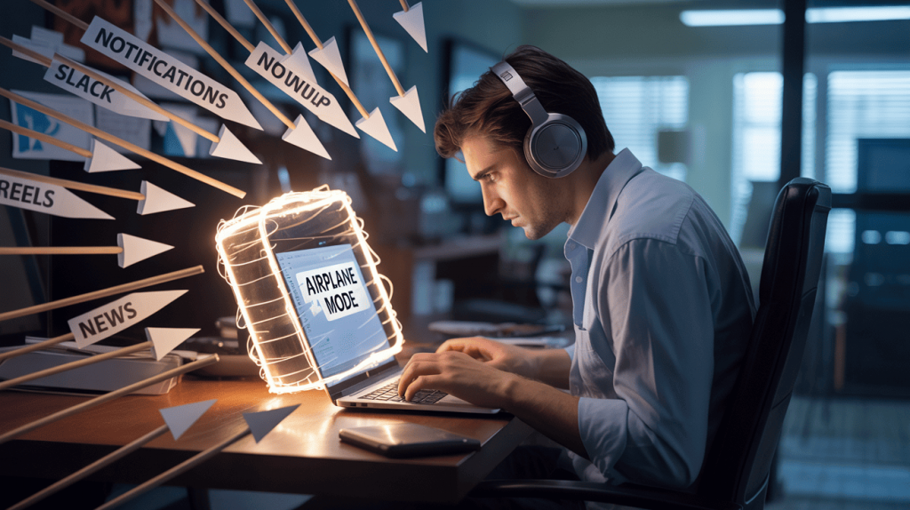 Man working on a laptop in airplane mode, shielded from distractions like notifications and news, symbolizing focus techniques and the 80/20 rule for learning.