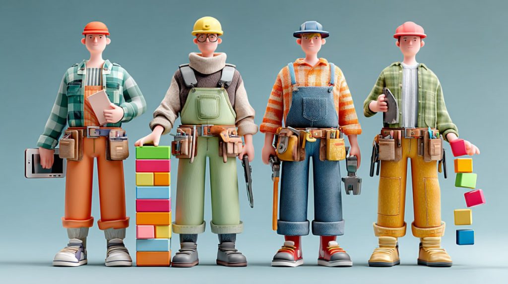 Four colorful 3D builder figures symbolizing different strategies for using productivity apps, from simplifier to chronic restarter.