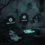 Foggy graveyard scene with tombstones labeled for different productivity apps, while a hand touches a glowing “New App” button on the ground