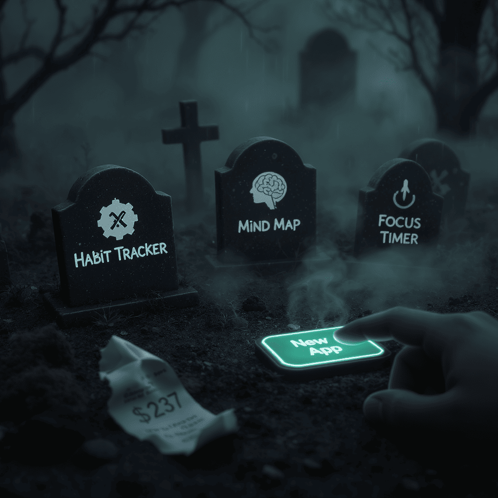 Foggy graveyard scene with tombstones labeled for different productivity apps, while a hand touches a glowing “New App” button on the ground