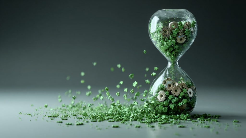Glass hourglass overflowing with small green gears and particles, symbolizing lost time while experimenting with productivity apps.