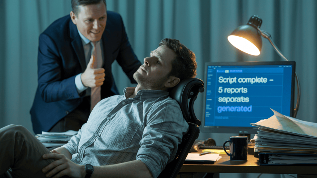 Office worker exhausted but successful after automating reports with Python, while boss shows approval, illustrating the 80/20 rule for learning in coding