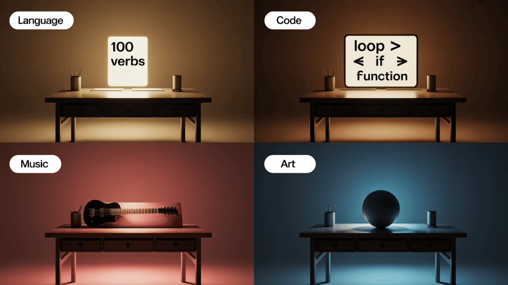 Minimalist desks symbolizing language, coding, music, and art, each showing the essential core, illustrating the 80/20 rule for learning different skills.
