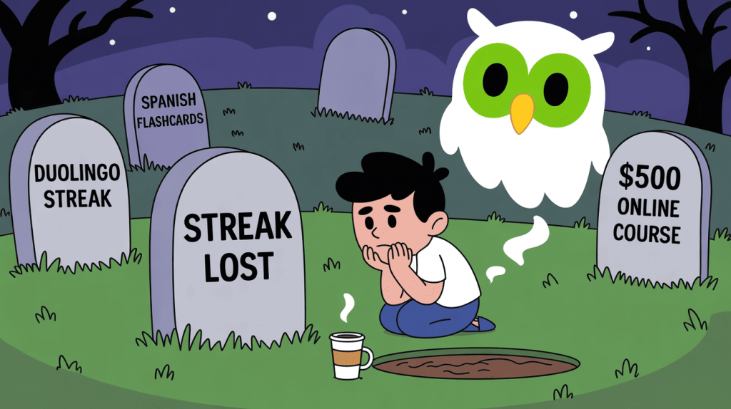 Cartoon graveyard with tombstones for lost Duolingo streak, Spanish flashcards, and unused courses, illustrating the 80/20 rule for learning by showing wasted efforts