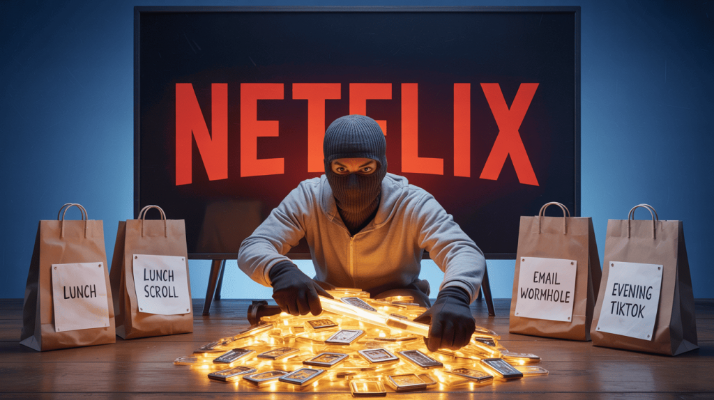 Masked figure stealing glowing gold bars in front of a Netflix screen, symbolizing how wasted time on streaming and scrolling can be stolen back for the 80/20 rule for learning.
