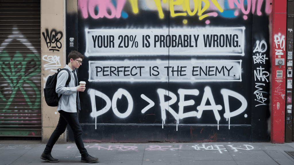 Street graffiti with the phrase “Your 20% is probably wrong. Perfect is the enemy. Do > Read”, illustrating the 80/20 rule for learning and the importance of choosing the right focus