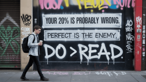 Graffiti with the phrase “Your 20% is probably wrong. Perfect is the enemy. Do > Read”, illustrating the 80/20 rule for learning and avoiding perfectionism.